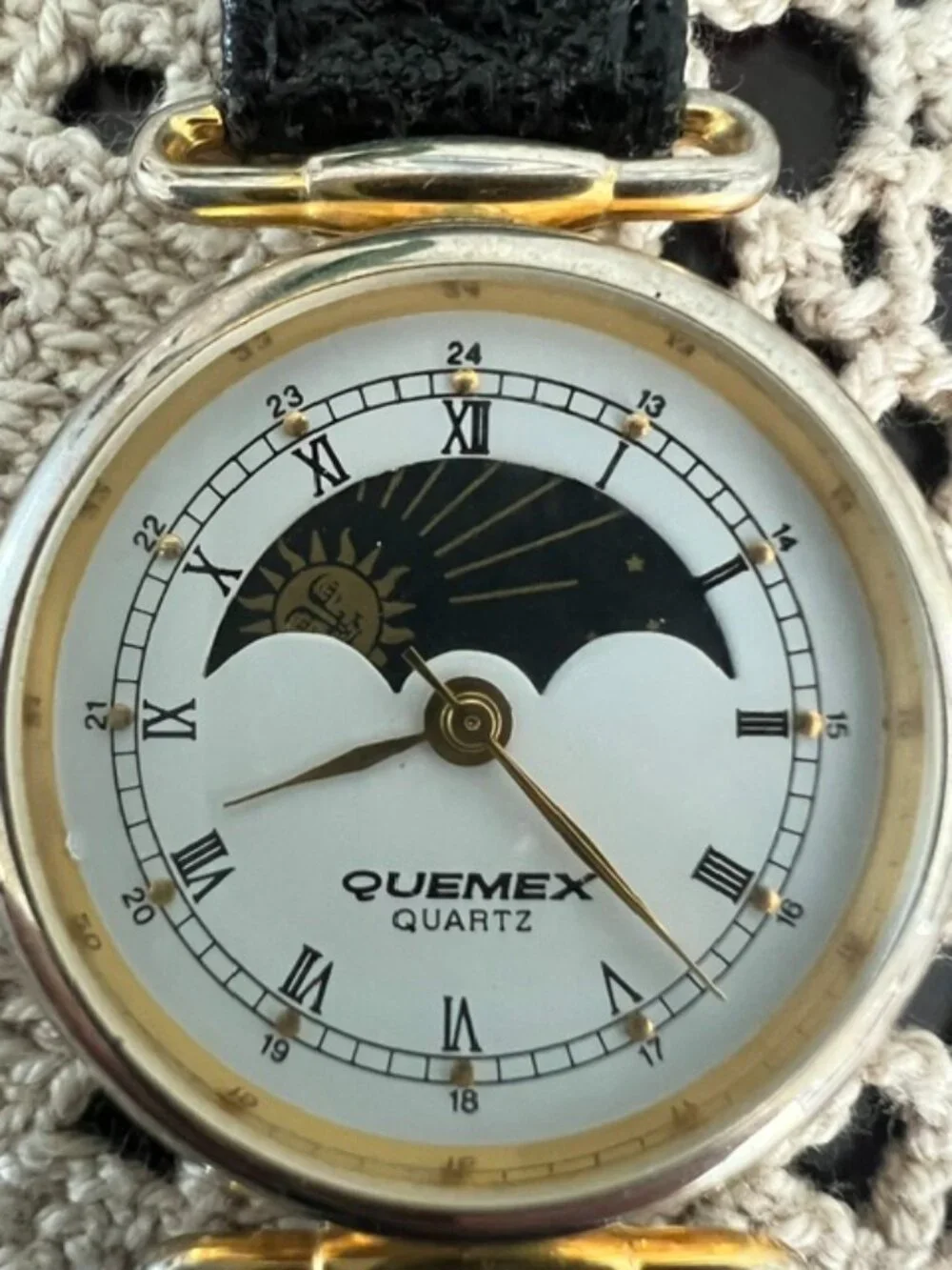 VTG Quemex Quartz Moon Phase Quartz Watch W/ Black Strap Unisex - New Battery